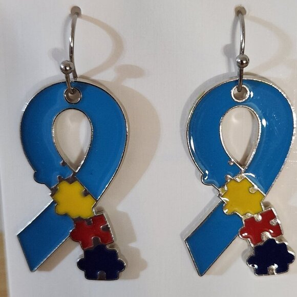 Hand Crafted Jewelry - Autism Awareness Pierced Drop Earrings Ribbon Blue Yellow Red Navy 1.25"